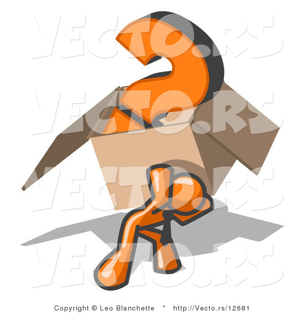 Vector of Orange Guy Carrying a Heavy Question Mark in a Box