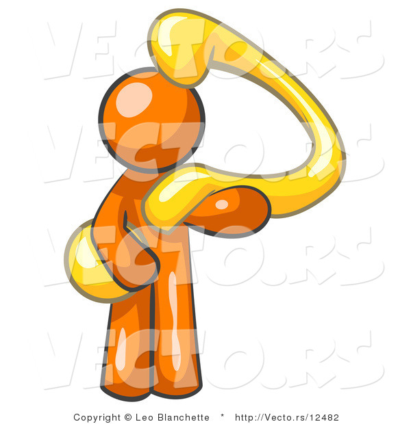 Vector of Orange Guy Carrying a Large Yellow Question Mark over His Shoulder, Symbolizing Curiousity, Uncertainty or Confusion