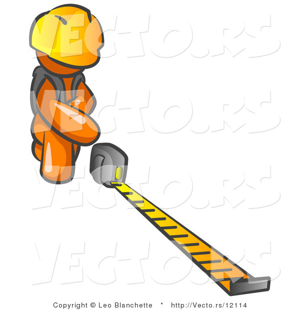 Vector of Orange Guy Contractor Wearing a Hardhat, Kneeling and Measuring