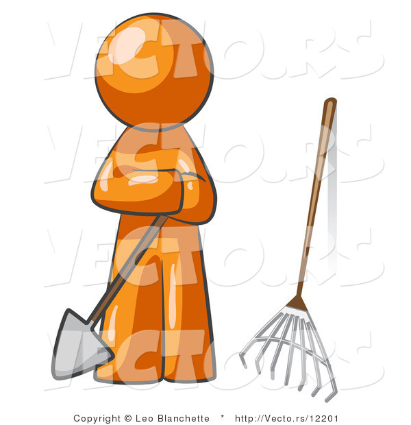 Vector of Orange Guy Gardener with a Shovel and a Rake
