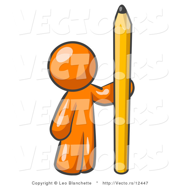 Vector of Orange Guy Holding up and Standing Beside a Giant Yellow Number Two Pencil