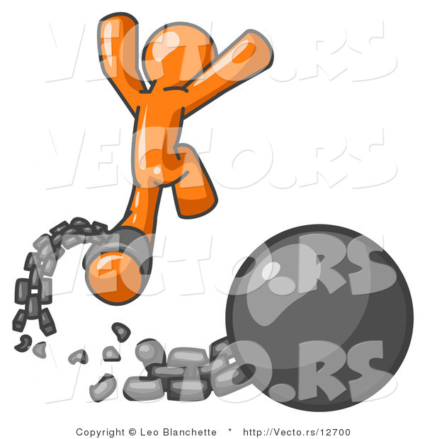 Vector of Orange Guy Jumping for Joy While Breaking Away from a Ball and Chain, Getting a Divorce, Consolidating or Paying off Debt