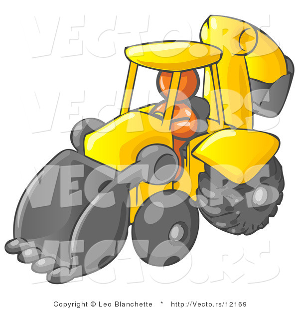 Vector of Orange Guy Operating a Yellow Backhoe Machine at a Construction Site