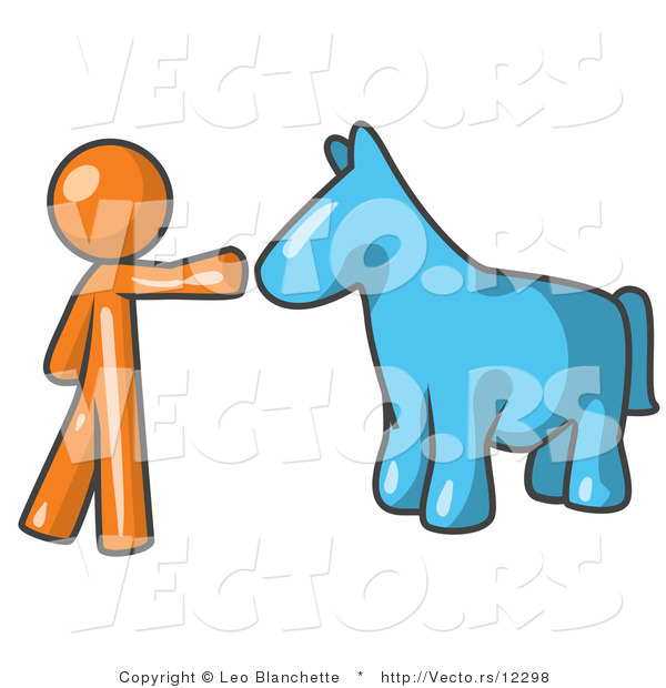 Vector of Orange Guy Petting a Blue Horse