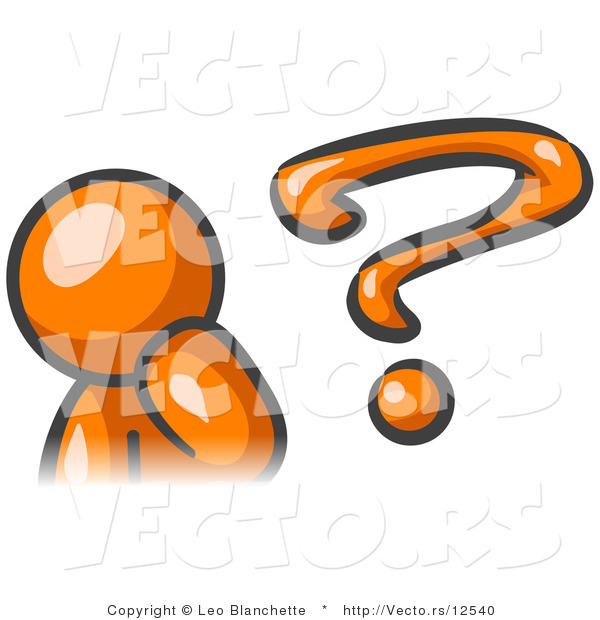 Vector of Orange Guy Rubbing His Chin Beside Big Question Mark