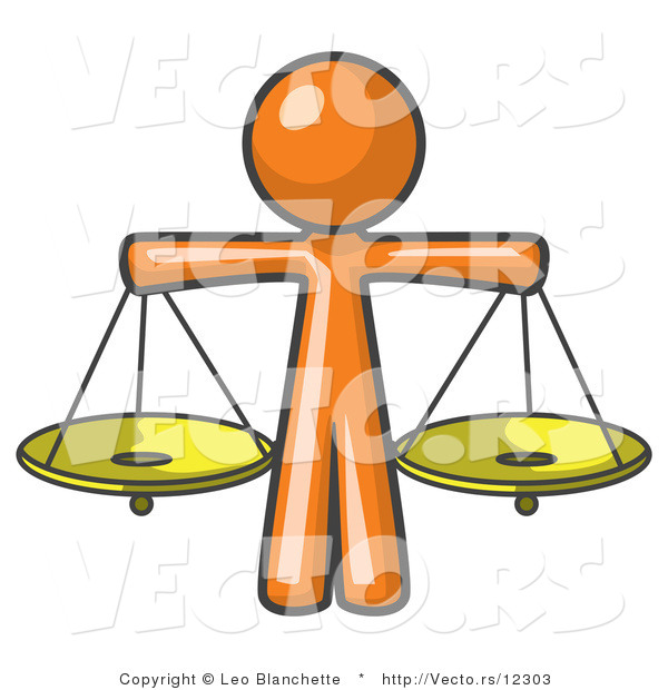 Vector of Orange Guy Scales of Justice with Two Gold Scales
