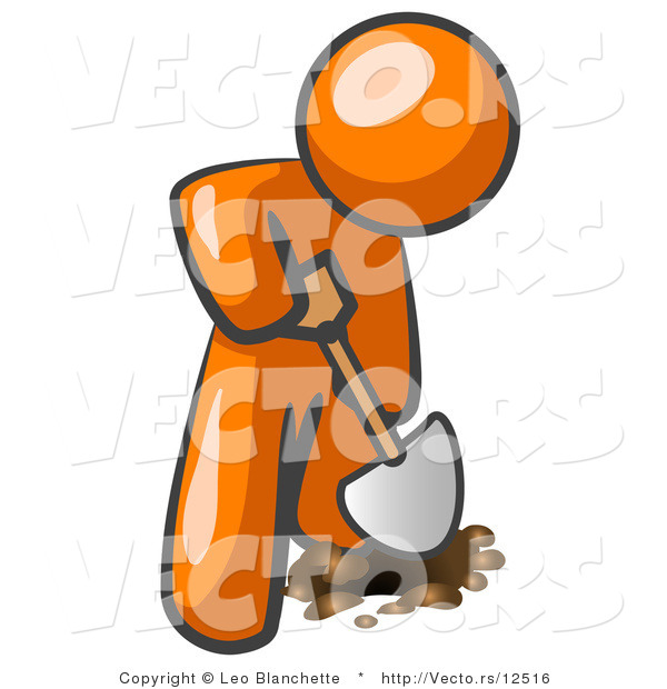 Vector of Orange Guy Using a Shovel to Dig a Hole for a Plant in a Garden