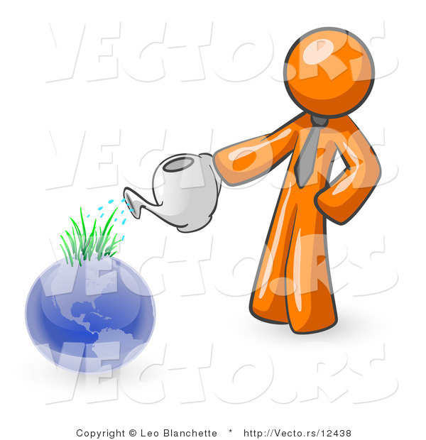 Vector of Orange Guy Using a Watering Can to Water New Grass Growing on Planet Earth, Symbolizing Someone Caring for the Environment