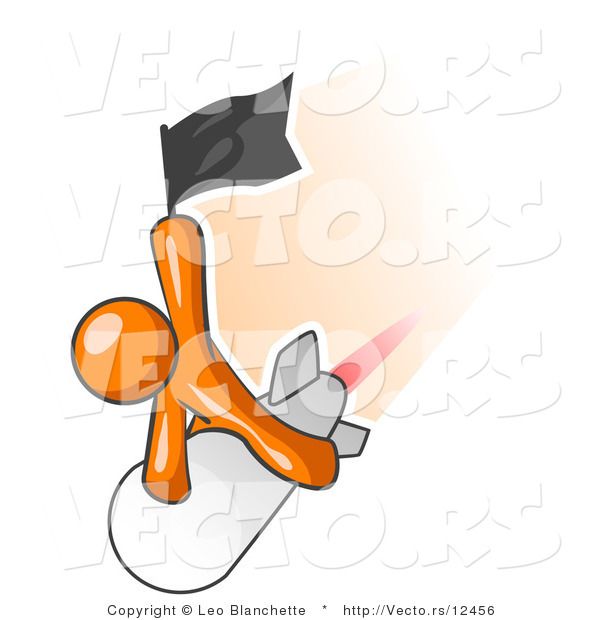 Vector of Orange Guy Waving a Flag While Riding on Top of a Fast Missile or Rocket, Symbolizing Success