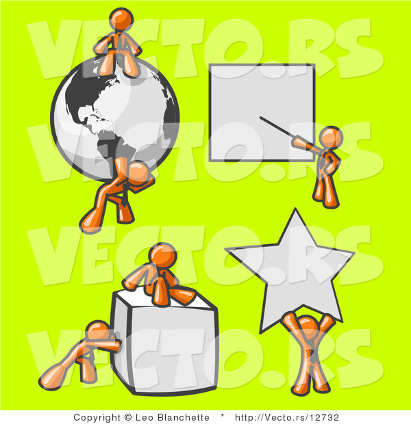 Vector of Orange Guys with a Globe, Presentation Board, Cube and Star