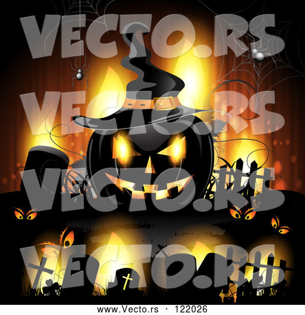 Vector of Orange Halloween Background with Tombstones and a Black Jackolantern 2