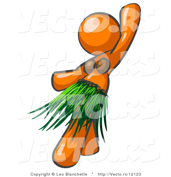 Vector of Orange Hula Dancer Girl in a Grass Skirt and Coconut Shells, Performing at a Luau