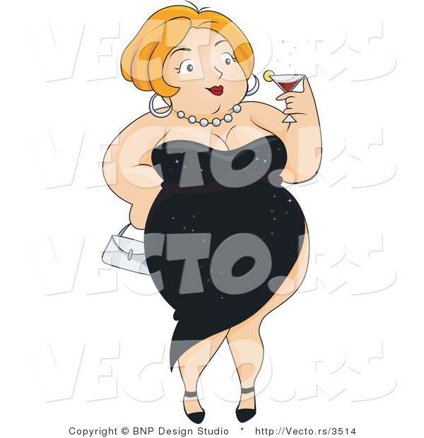 Vector of Overweight Girl in a Sexy Black Dress, Sipping a Drink