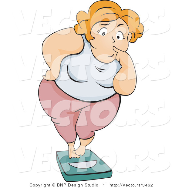 Vector of Overweight Girl Standing on a Scale with a Nervous Expression