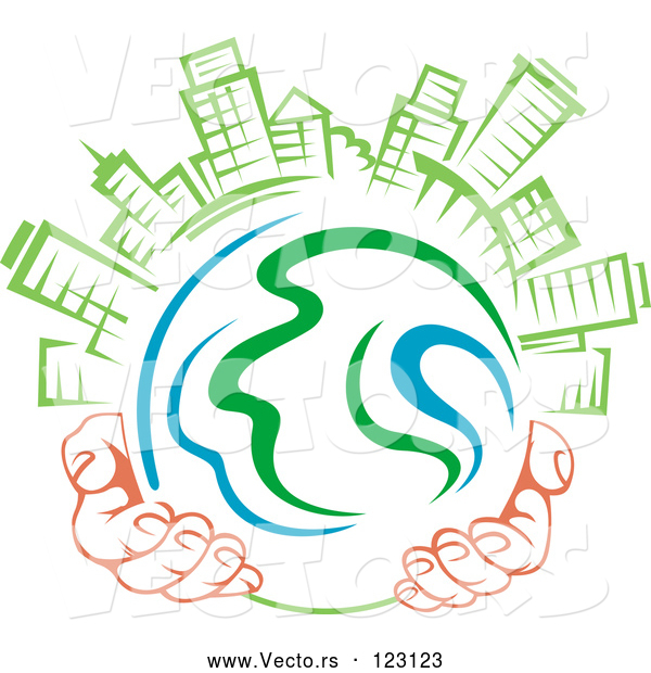 Vector of Pair of Hands Holding a Globe with Green Skyscrapers on Top 1