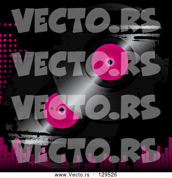 Vector of Pink and Black Vinyl Records on a Grunge Black Background with Pink Dots and Equalizer Bars