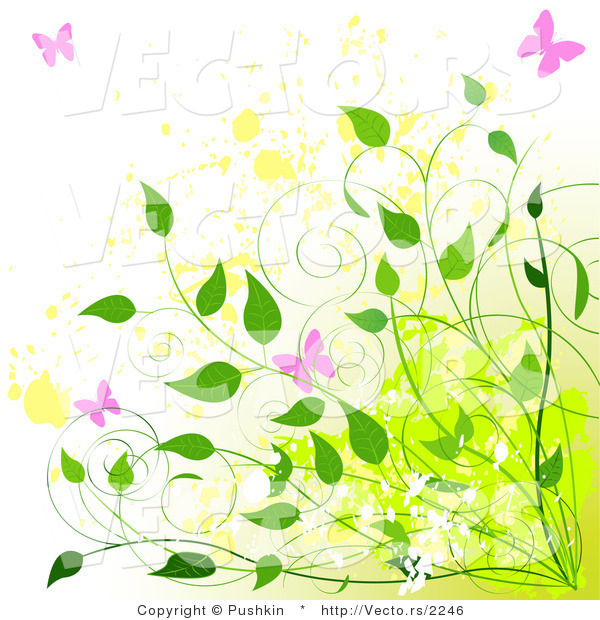 Vector of Pink Butterflies with Green Vines over Yellow Splatters - Summer Grunge Background Design