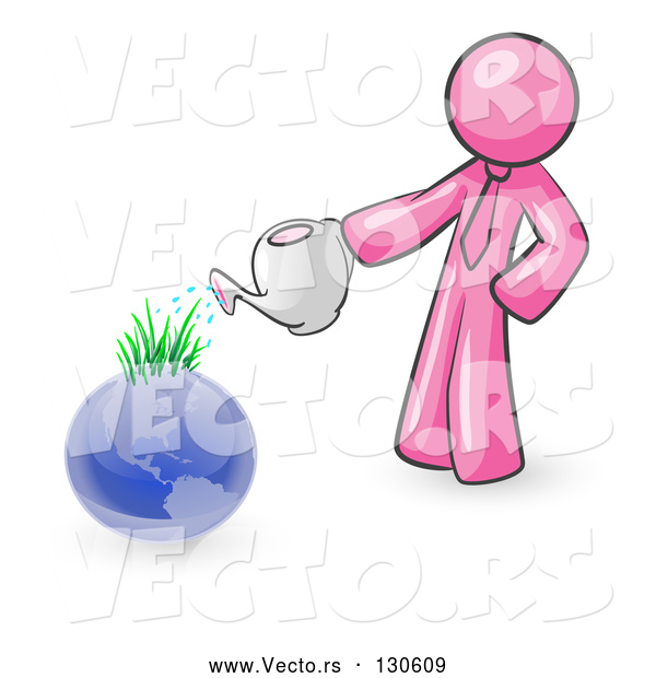 Vector of Pink Guy Using a Watering Can to Water New Grass Growing on Planet Earth, Symbolizing Someone Caring for the Environment