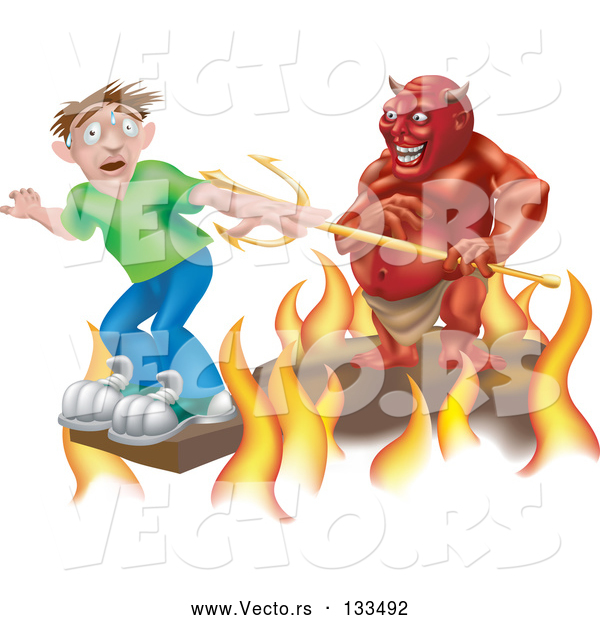 Vector of Plank Above the Fires of Hell, a Devil Holding a Pitchfork Behind Him