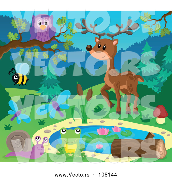 Vector of Pond with Wild Animals and Insects