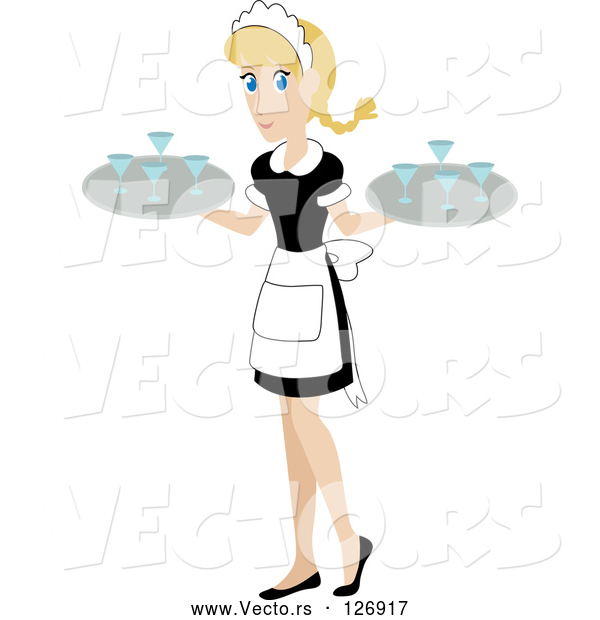 Vector of Pretty White Waitress Carrying Beverages on Trays