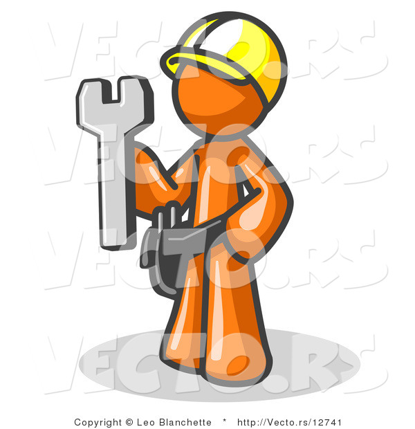 Vector of Proud Orange Construction Worker Guy in a Hardhat, Holding a Wrench