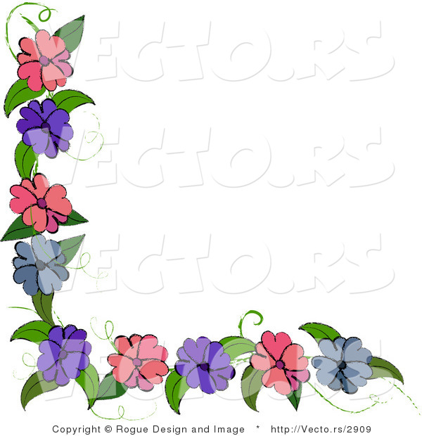 Vector of Purple, Blue and Pink Flowers on Corner Vine Design Element