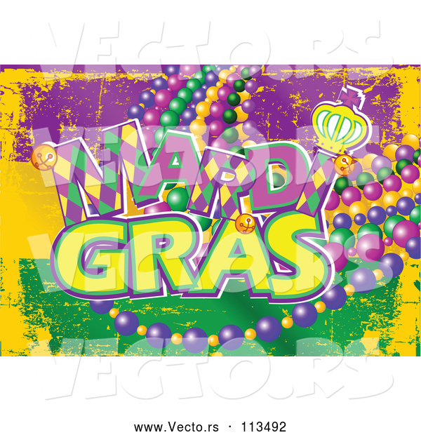 Vector of Purple Yellow and Green Mardi Gras Flag Background with Text and Beads