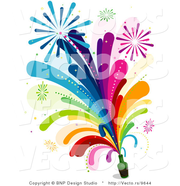 Vector of Rainbow Colored Fireworks Shooting from a Glass Bottle
