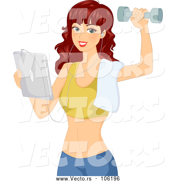 Vector of Red Haired White Lady Holding a Tablet Computer and Working out with a Dumbbell
