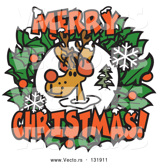Vector of Red Nosed Reindeer, Rudolph, in Between a Christmas Wreath with Merry Christmas