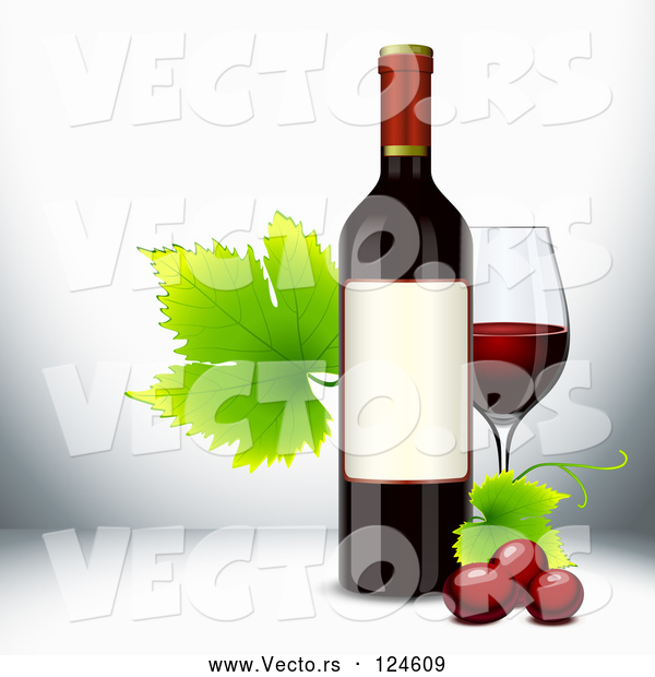 Vector of Red Wine Bottle with Grapevine Leaves and a Glass