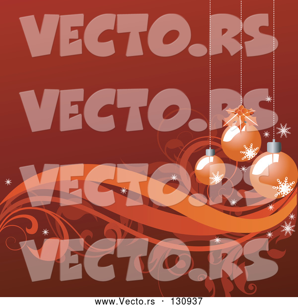 Vector of Red-Orange Background with Three Christmas Ornaments Hanging over Vines and Scrolls