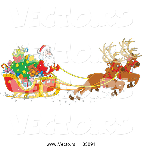 Vector of Reindeer Pulling Santa and Sleigh Filled with Gifts