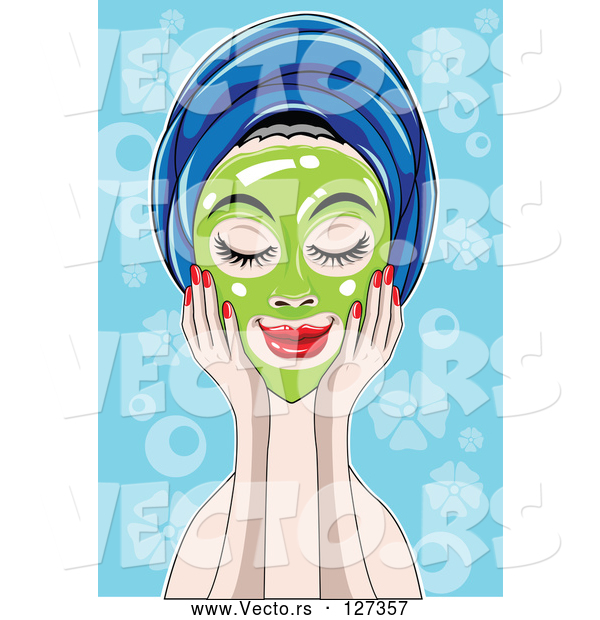 Vector of Relaxed Lady Touching a Green Mask on Her Face, Her Hair in a Towel