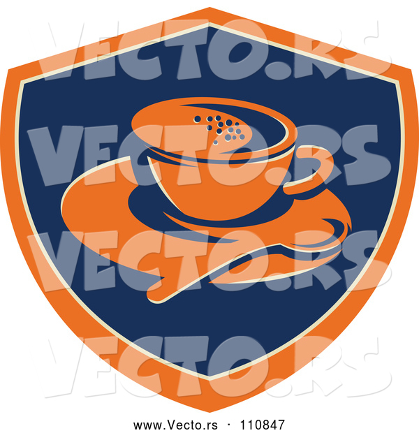 Vector of Retro Coffee Cup, Spoon and Saucer in an Orange Blue and Tan Shield