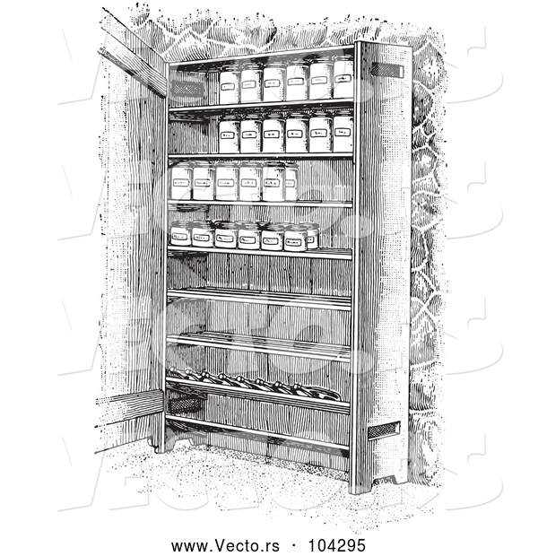 Vector of Retro Cupboard Shelves with Canned Goods in Black and White