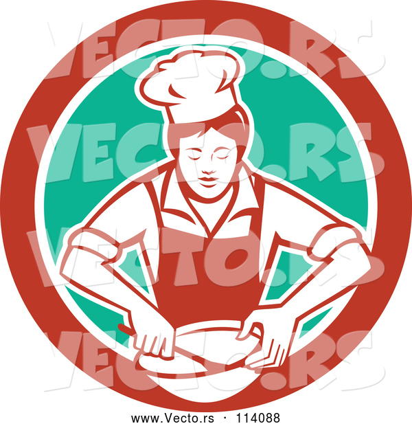 Vector of Retro Female Chef Mixing Ingredients in a Bowl Inside a Red White and Green Circle