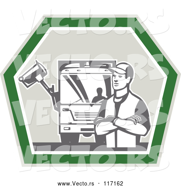 Vector of Retro Garbage Guy and Truck in a Shield