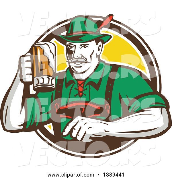 Vector of Retro German Guy Wearing Lederhosen and Raising a Beer Mug for a Toast, Emerging from a White Brown and Yellow Circle