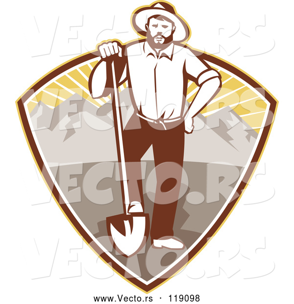 Vector of Retro Gold Miner Guy Standing with a Shovel in a Mountain and Sunshine Shield