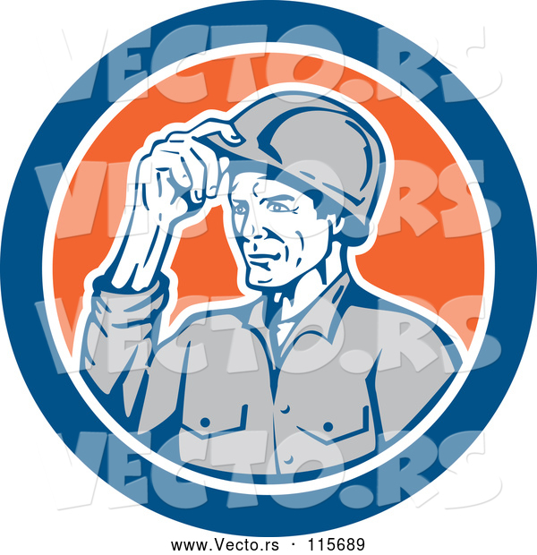 Vector of Retro Male Builder Tipping His Hardhat in a Blue and Orange Circle