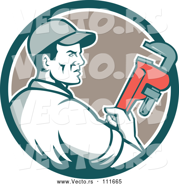 Vector of Retro Male Plumber Holding a Monkey Wrench and Looking to the Side in a Teal White and Tan Circle