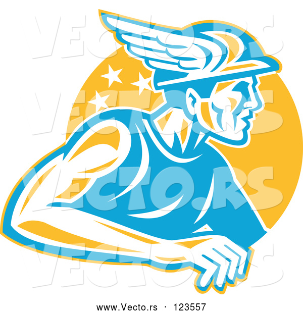 Vector of Retro Roman God Mercury or Greek God Hermes with a Winged Hat over an Orange Circle
