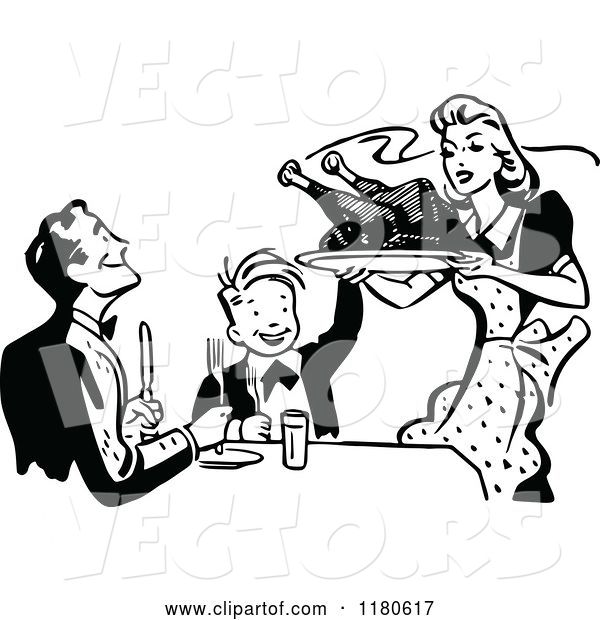Vector of Retro Vintage Black and White Mother Serving Roasted Turkey