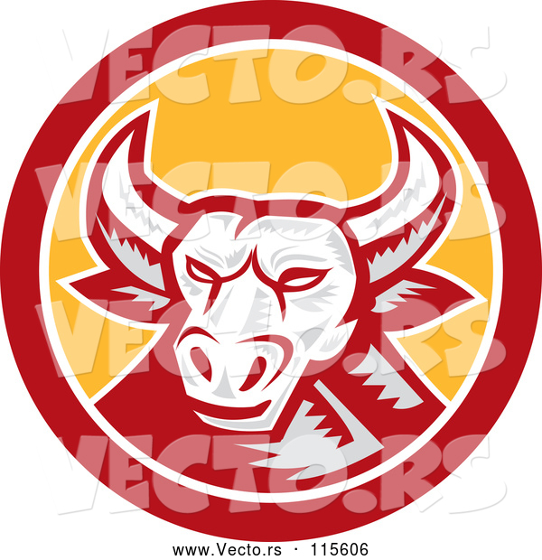 Vector of Retro Woodcut Longhorn Steer Bull in a Red and Yellow Circle