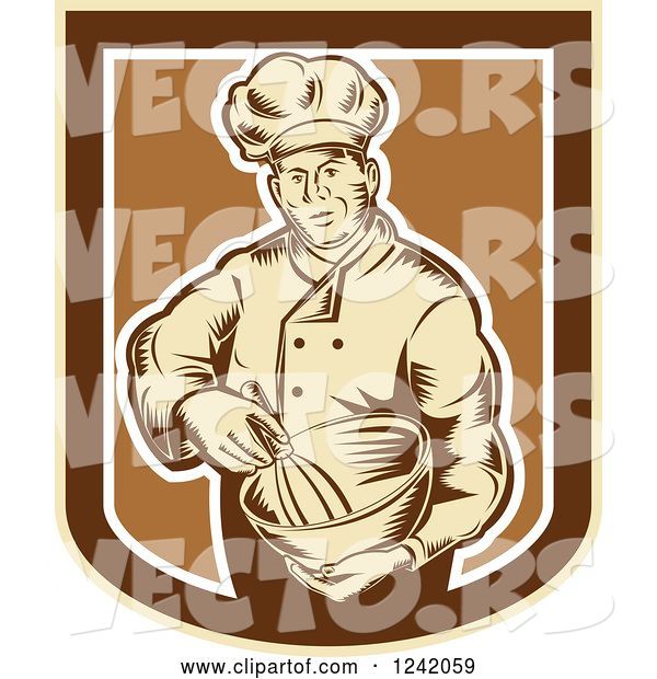 Vector of Retro Woodcut Male Baker with a Mixing Bowl in a Crest