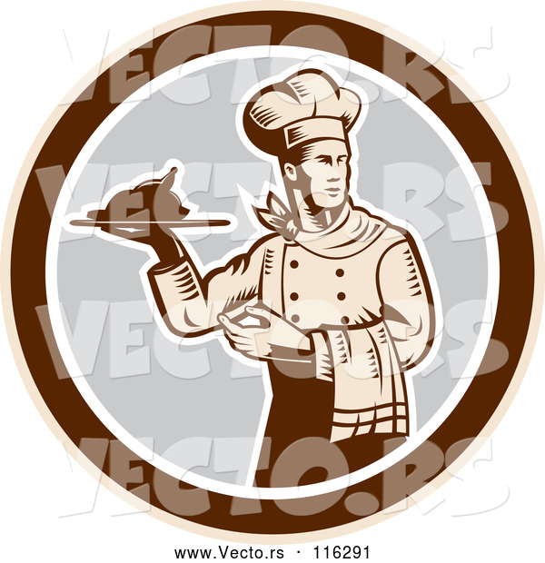 Vector of Retro Woodcut Male Chef Serving a Roasted Chicken in a Gray and Brown Circle