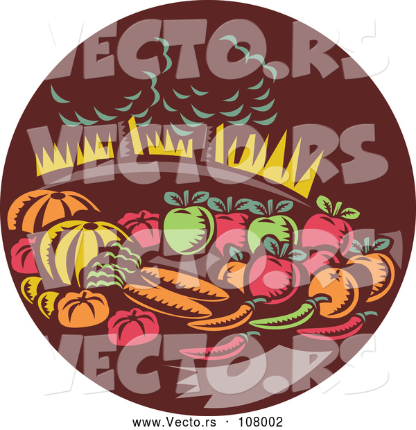 Vector of Retro Woodcut Still Life of Harvest Vegetables and Fruit with Trees in a Brown Circle