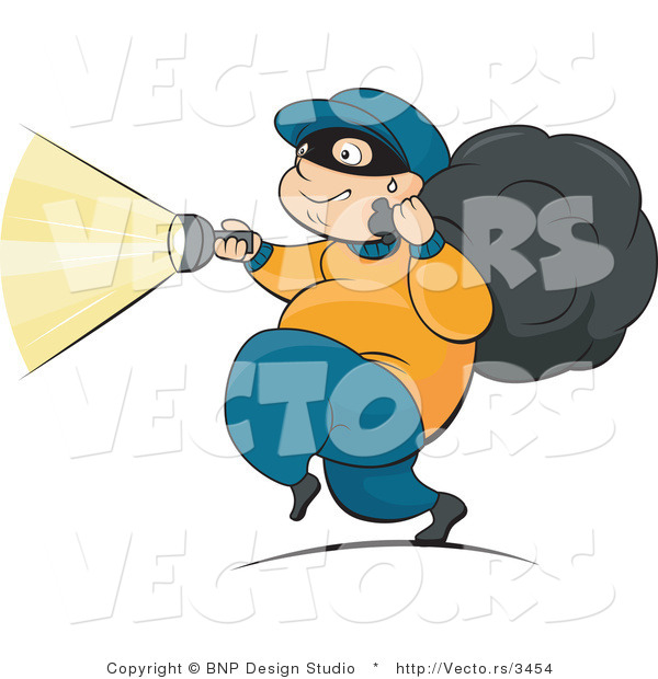 Vector of Robber Running with Flashlight and Stolen Property in Bag